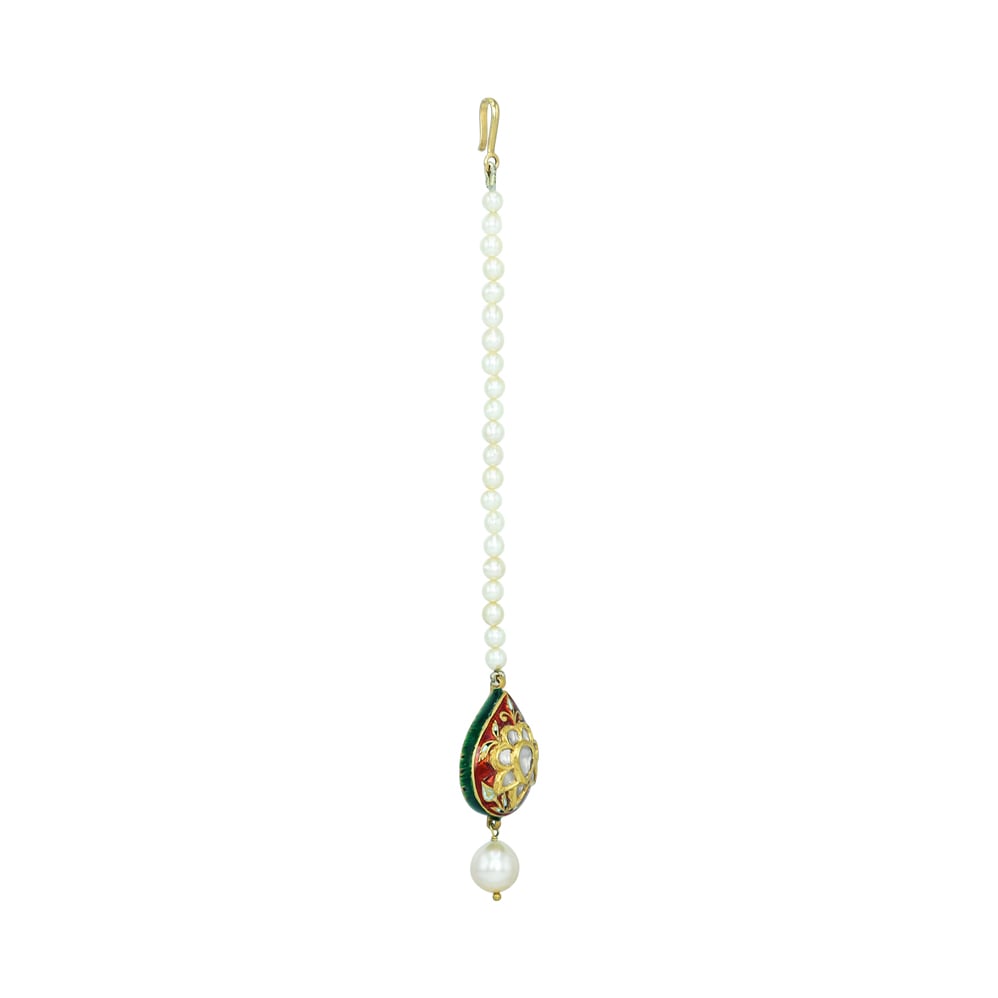 Red Enamel Polki Mangtikka with Pearl Strand and Drop